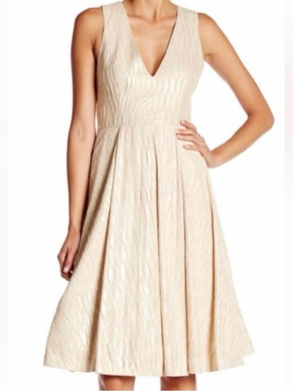 Alice + Olivia Textured V-Neck Midi Dress in Cream